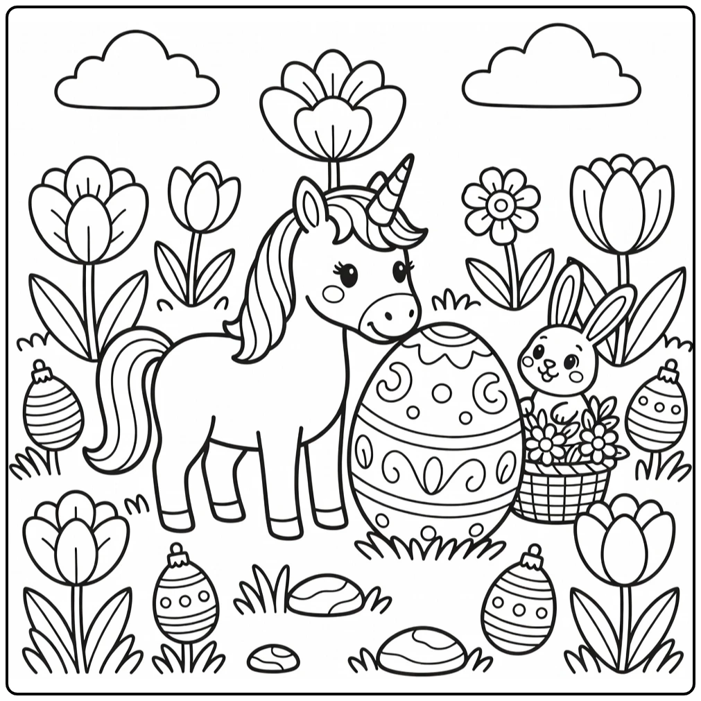 Easter unicorn coloring page: unicorn nudges egg, rabbit peeks