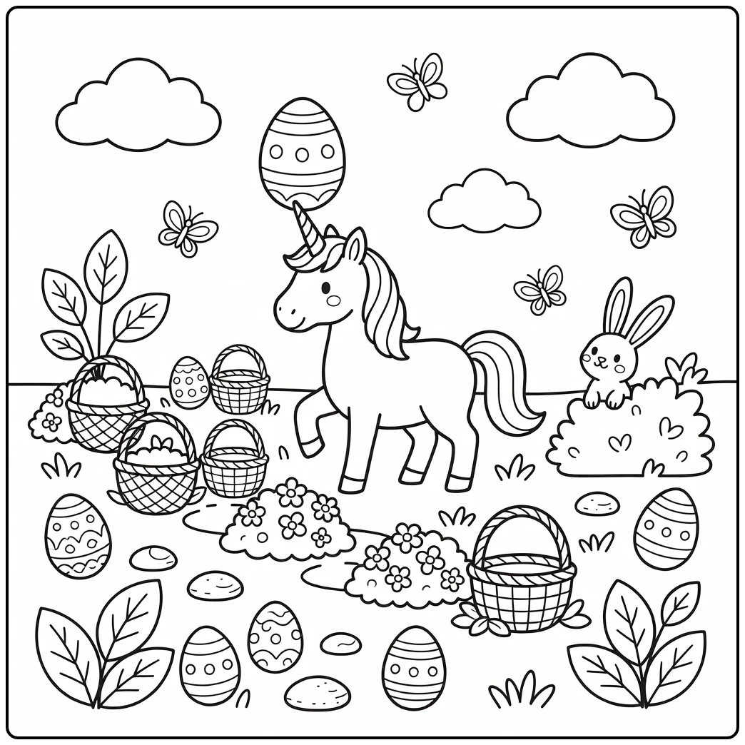 Easter unicorn coloring page: balancing egg on horn in meadow