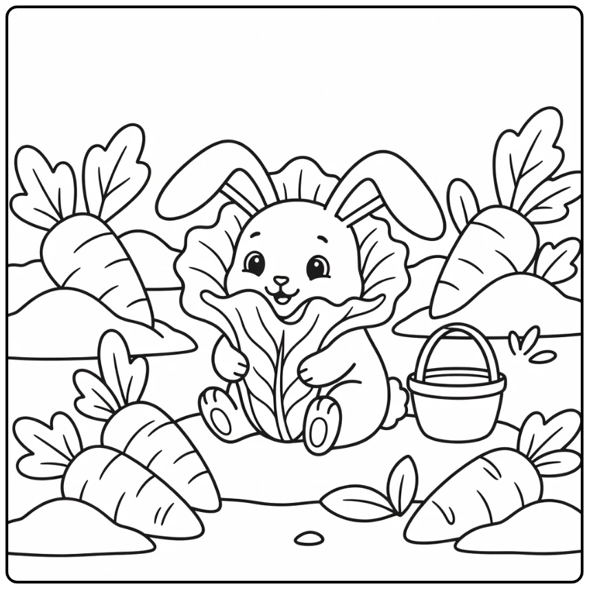 Easy baby animal coloring pages: Bunny hiding in lettuce leaf