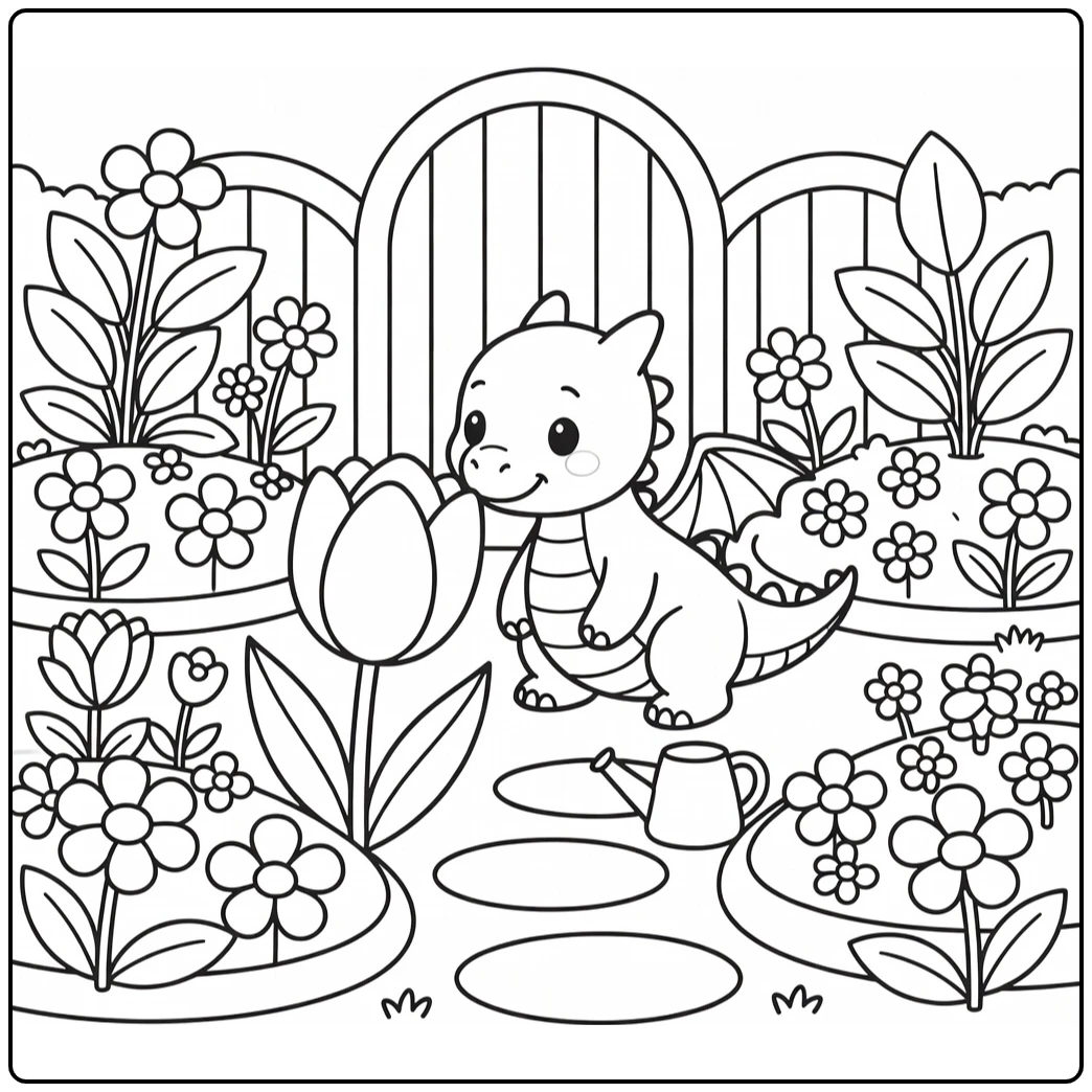 Easy baby dragon coloring page sniffing giant tulip in garden