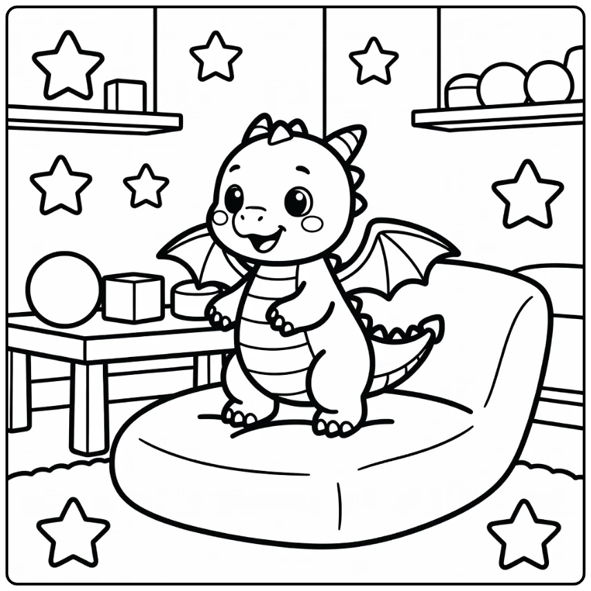 Easy baby dragon coloring page: flapping wings on cushion