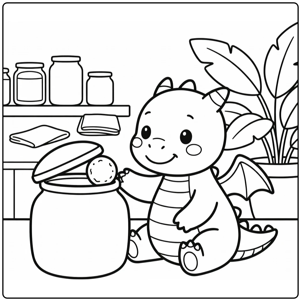easy baby dragon coloring page reaching for cookie in jar