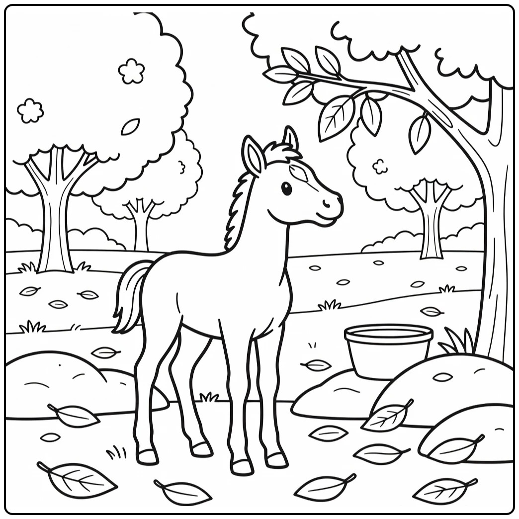 Easy baby horse coloring page of foal reaching for leaf