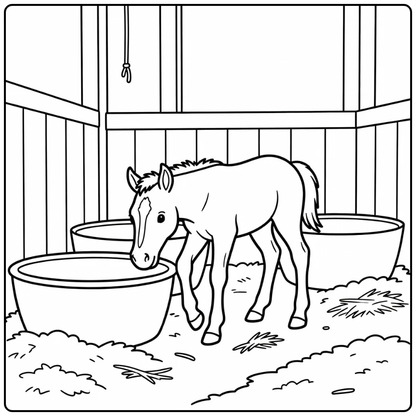 Easy baby horse coloring page stepping between feed tubs