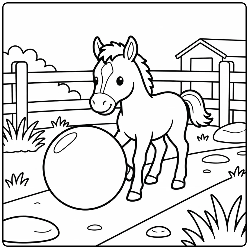 Easy baby horse coloring page foal nudging play ball in paddock