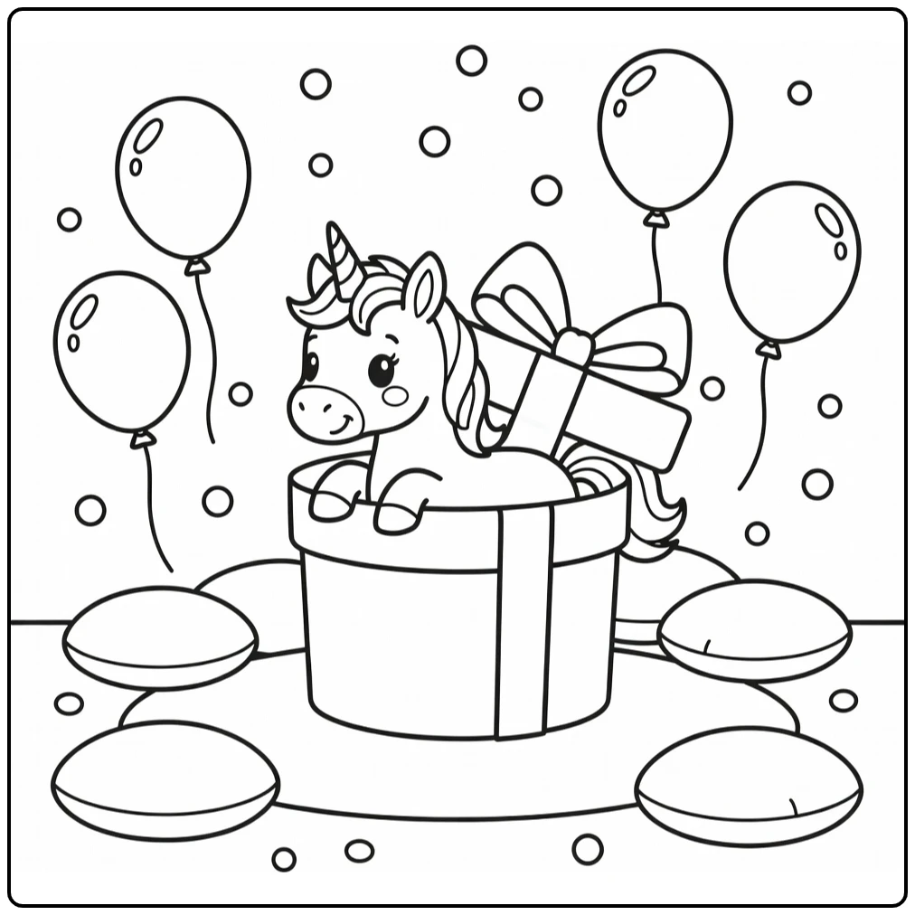 easy baby unicorn coloring page: foal peeks from gift box