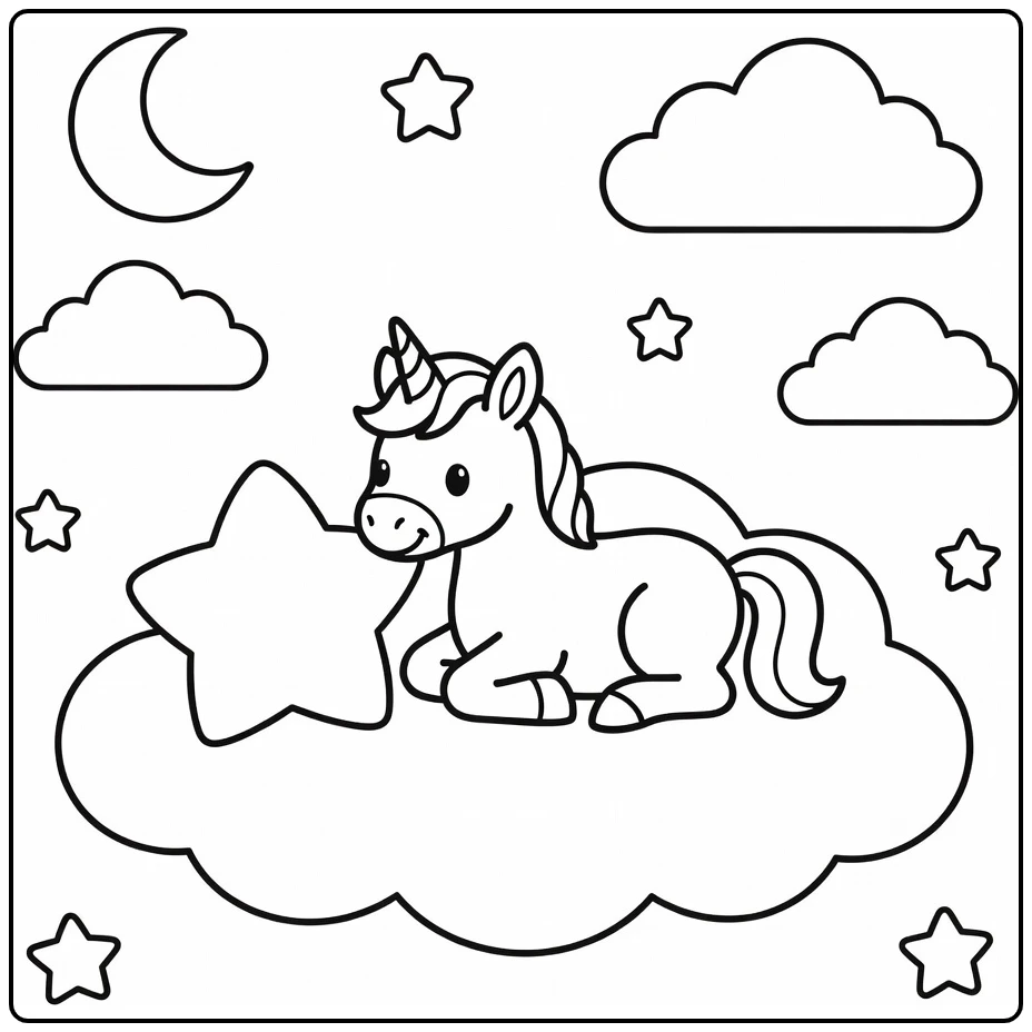 Easy baby unicorn coloring page: foal on cloud with stars & moon