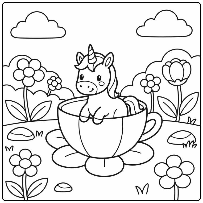 Easy baby unicorn coloring page: foal in flower cup garden