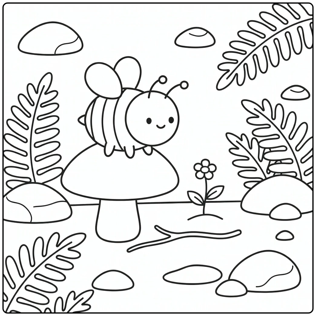 Easy bee coloring page on mushroom facing flower sprout