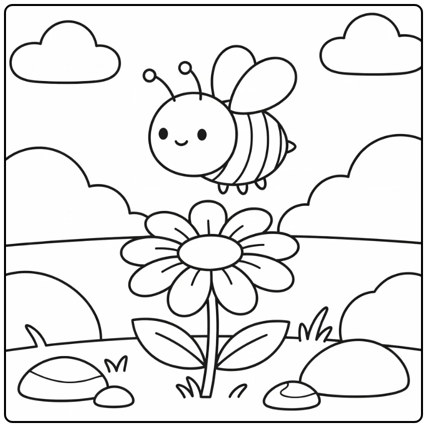 Easy bee coloring page cute bee over daisy flower