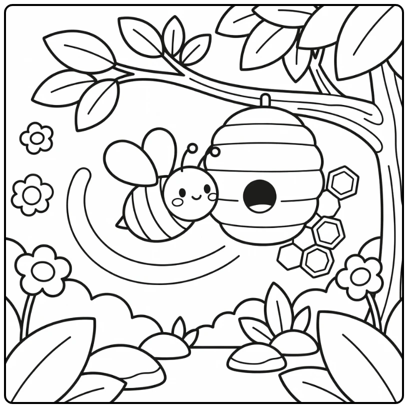 Easy bee coloring page flying by beehive on branch