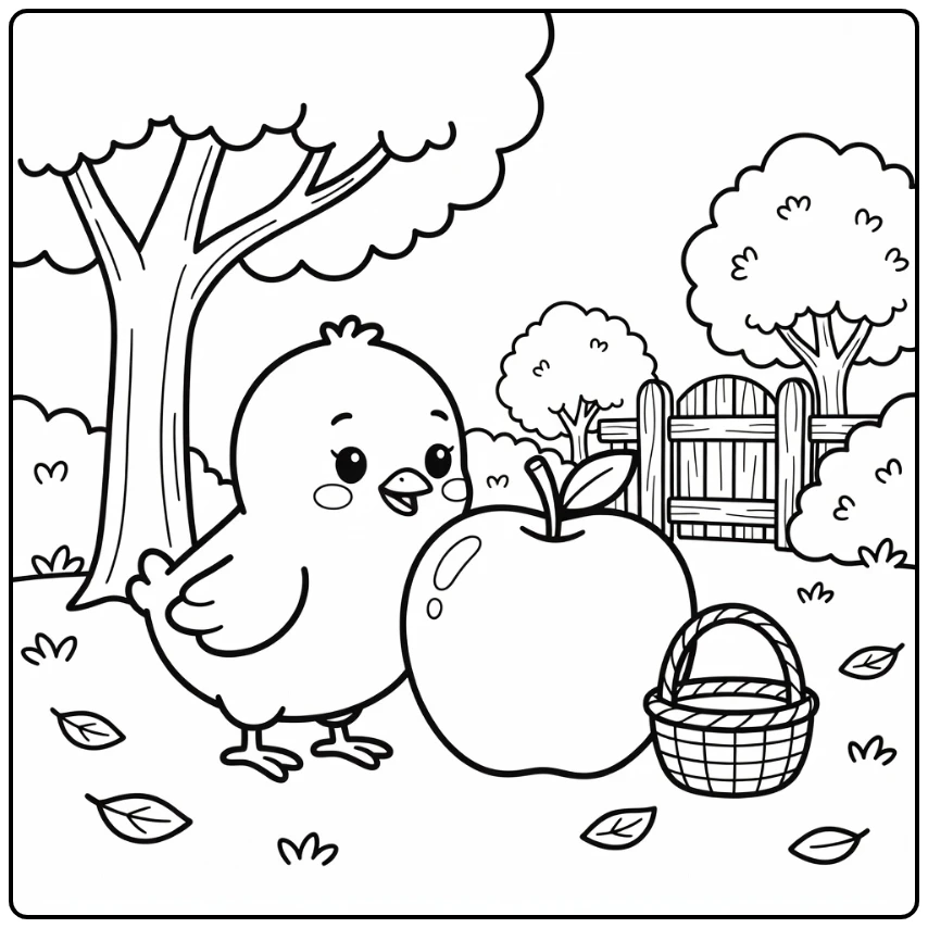 Easy chick coloring page with chick touching apple in orchard
