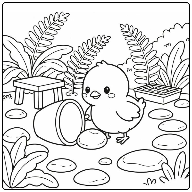 Easy chick coloring page of chick tapping pebble by cup