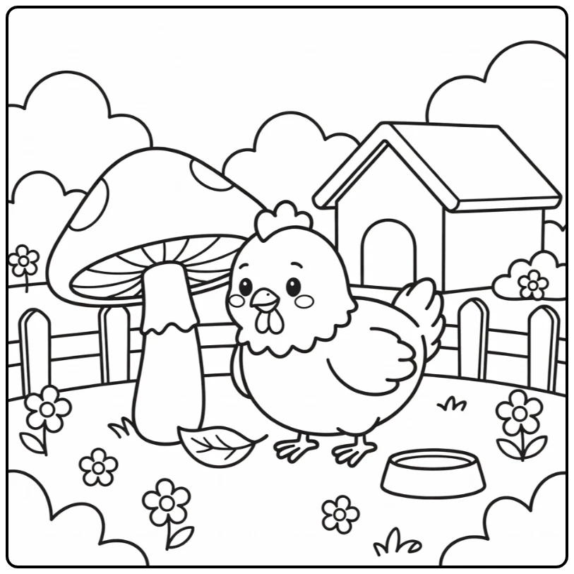 Easy chick coloring page beside mushroom in farmyard