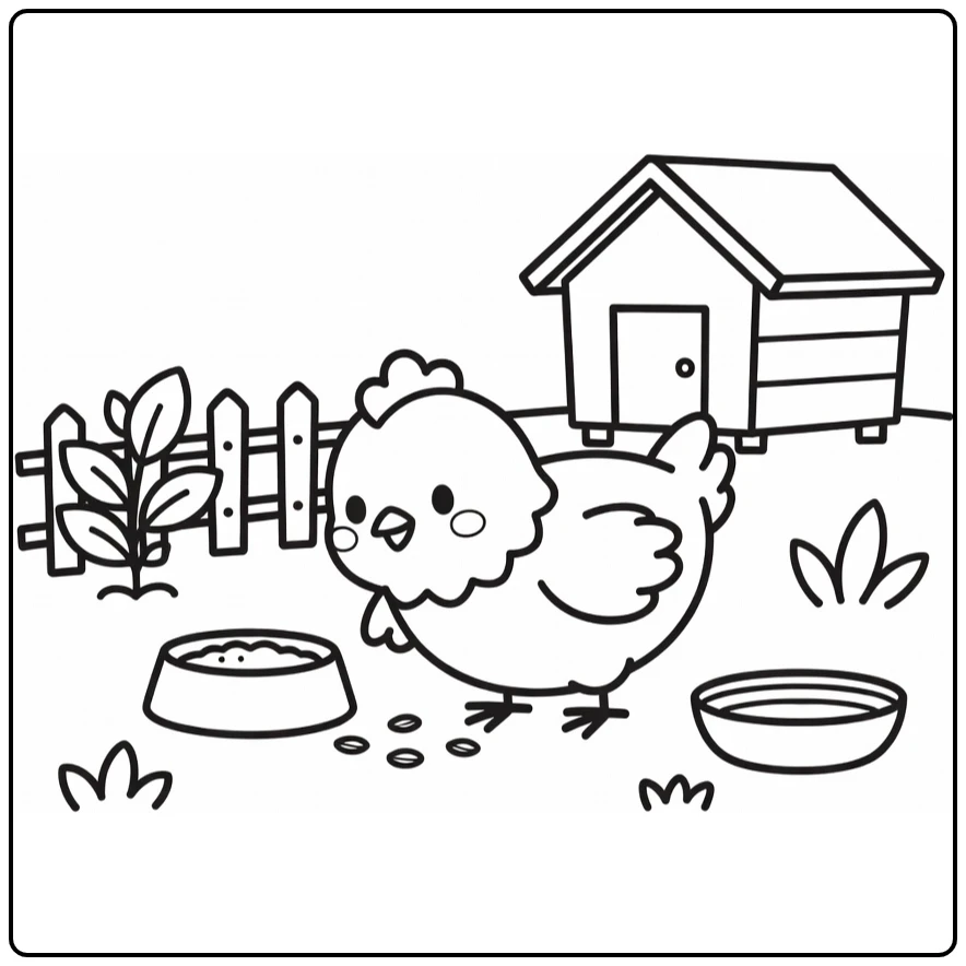 Easy chicken coloring page with seeds and farm elements