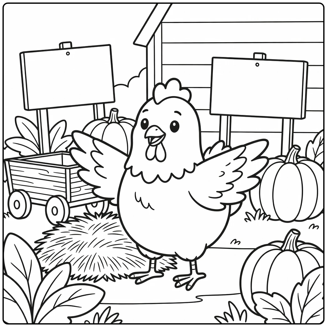 Easy chicken coloring page with chicken and pumpkins