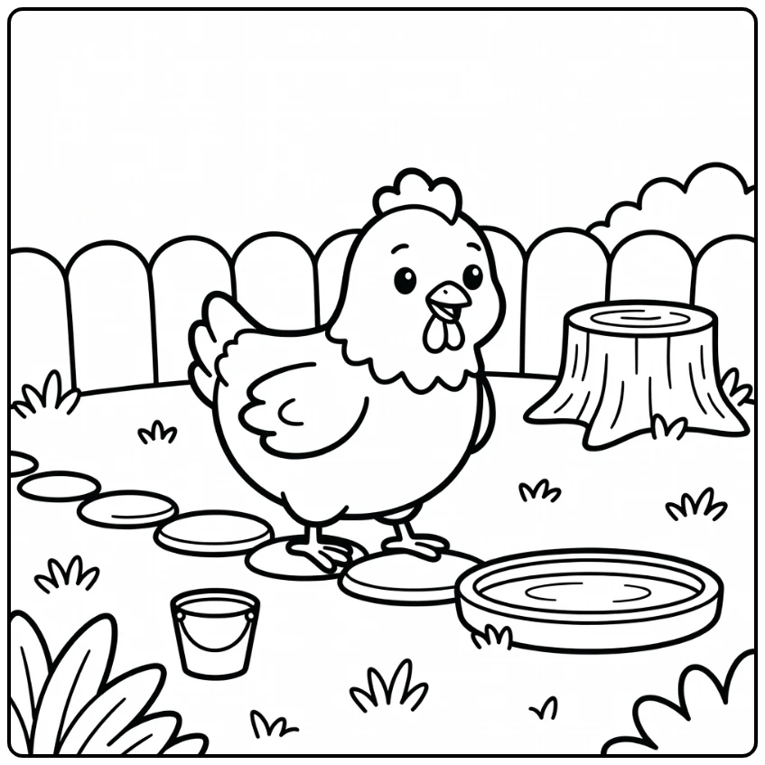 Easy chicken coloring page cute bird on stepping stones