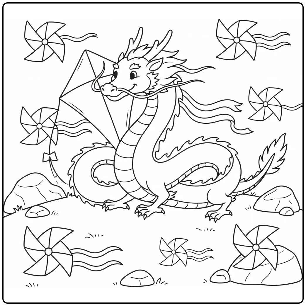 Easy chinese dragon coloring page with kite on hilltop breeze