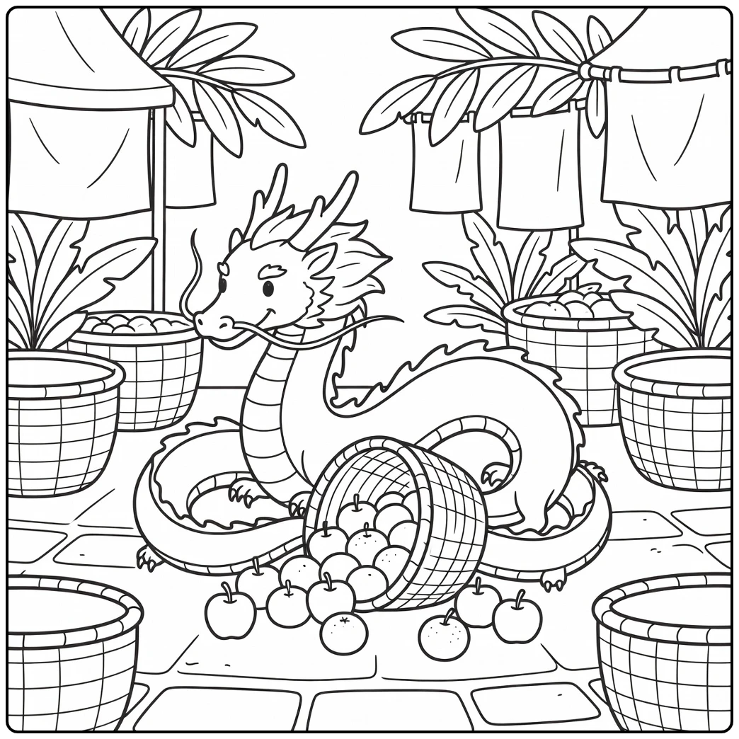 easy chinese dragon coloring page curving around fruit basket