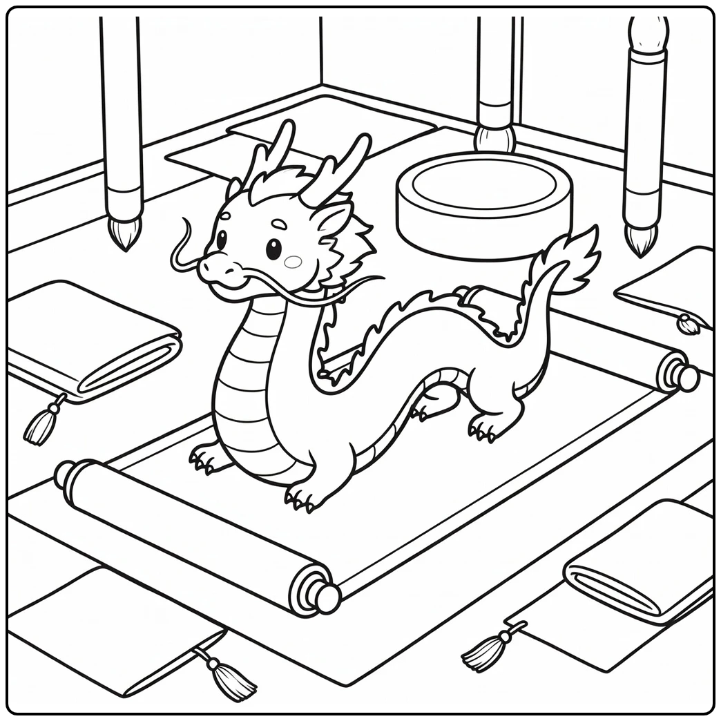 easy chinese dragon coloring page playfully sliding on silk scroll
