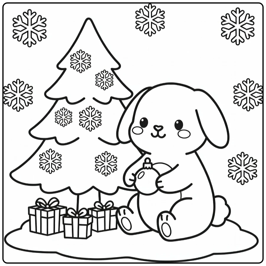 Easy christmas animal coloring page: bunny holds ornament by tree
