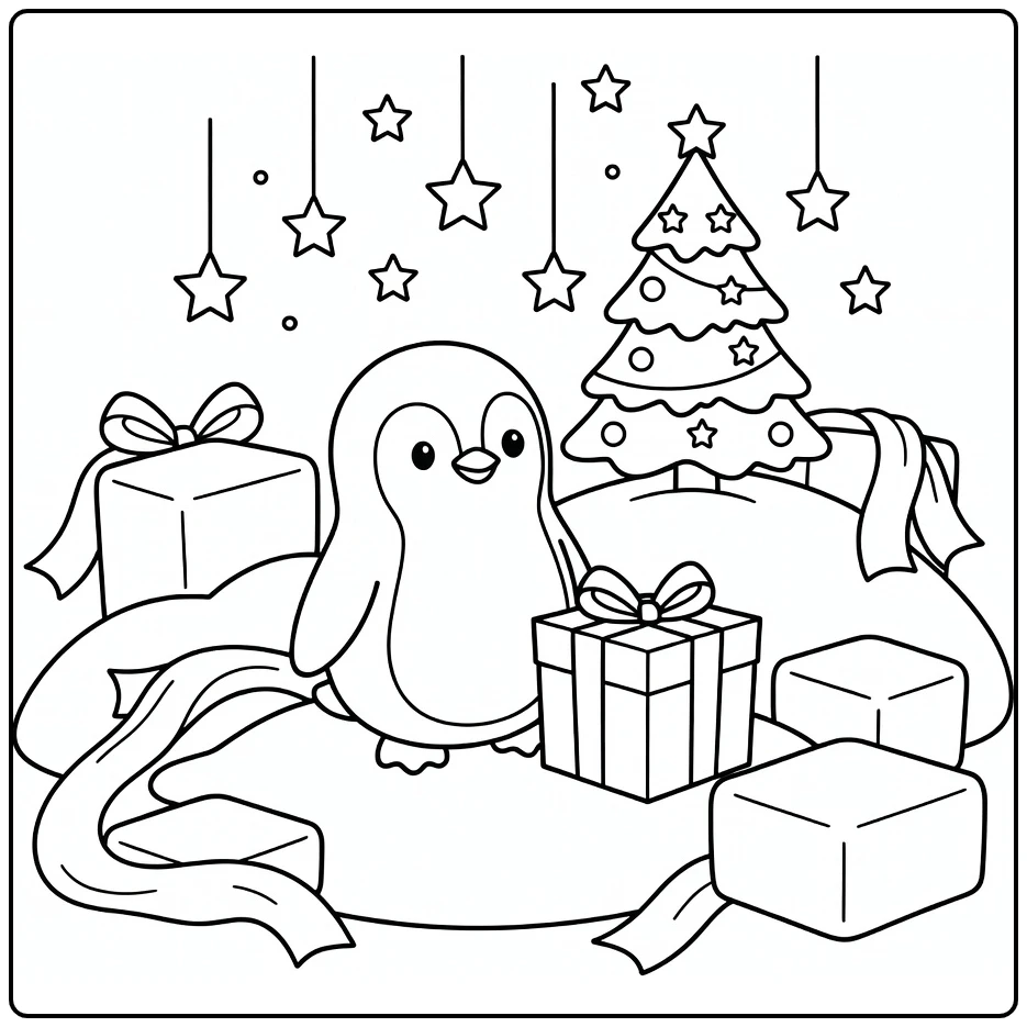 easy christmas animal coloring page penguin gift stars