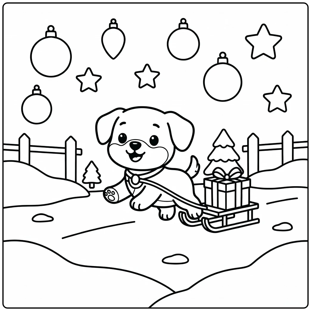 easy christmas animal coloring page puppy pulling sled