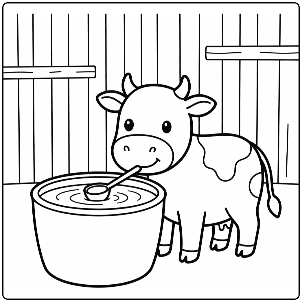 Easy cow coloring pages: cow nudges ladle in barrel