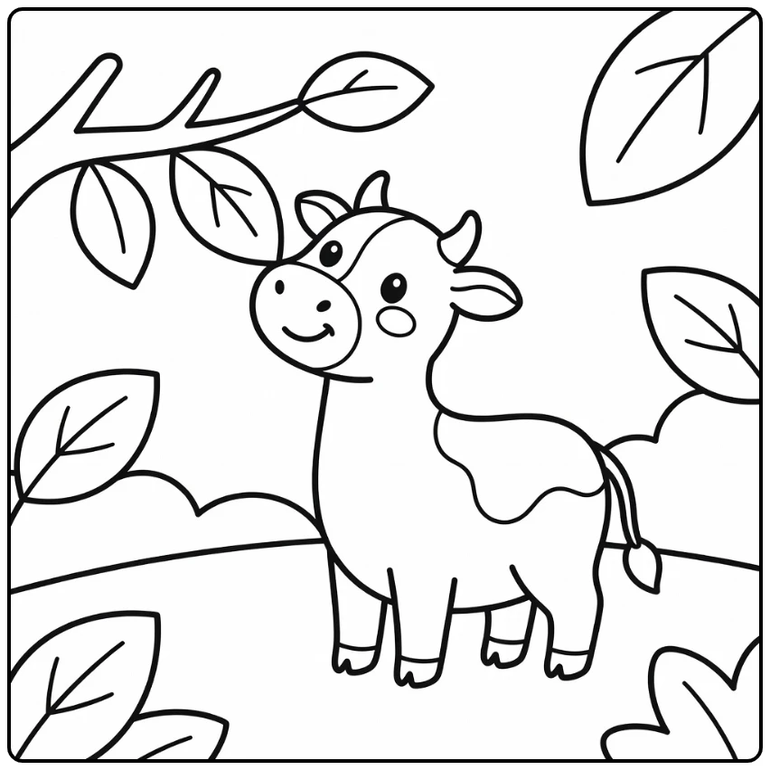 Cow stretches neck to leaf - easy cow coloring pages (58 chars)