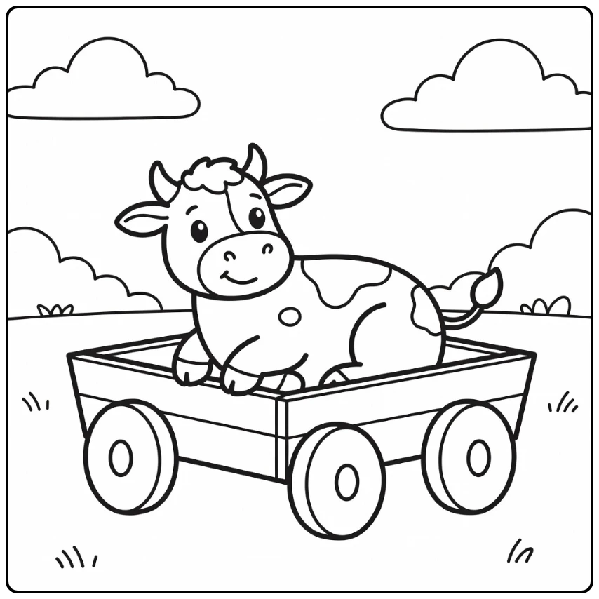 Easy cow coloring pages: cozy cow in wooden cart