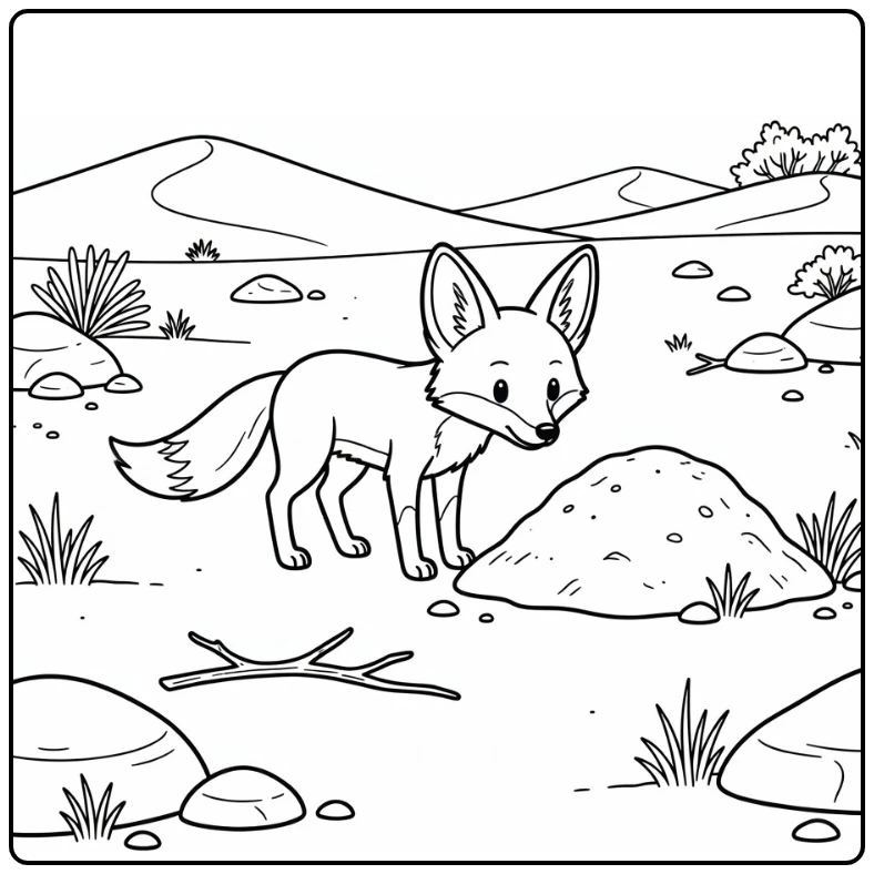 easy desert animal coloring page of bat-eared fox listening