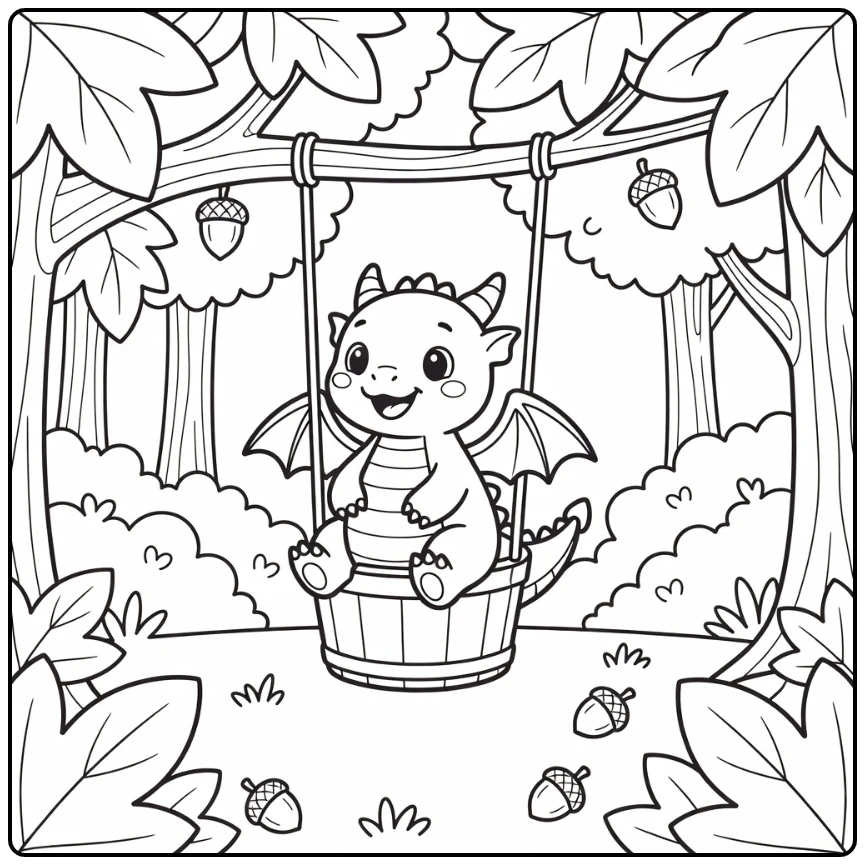 Easy dragon coloring page: cute wyrm in bucket tree swing