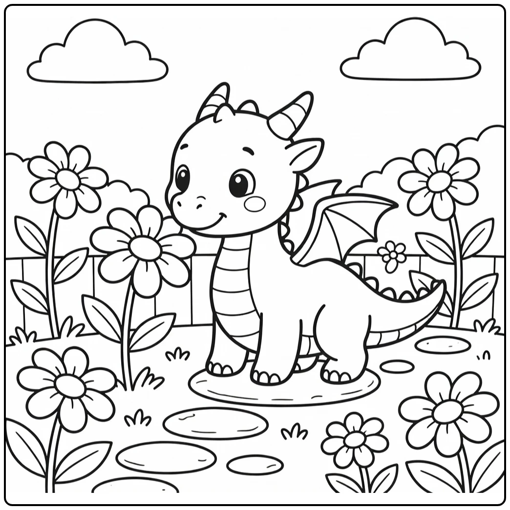 Easy dragon coloring page: cute dragon sniffing daisy