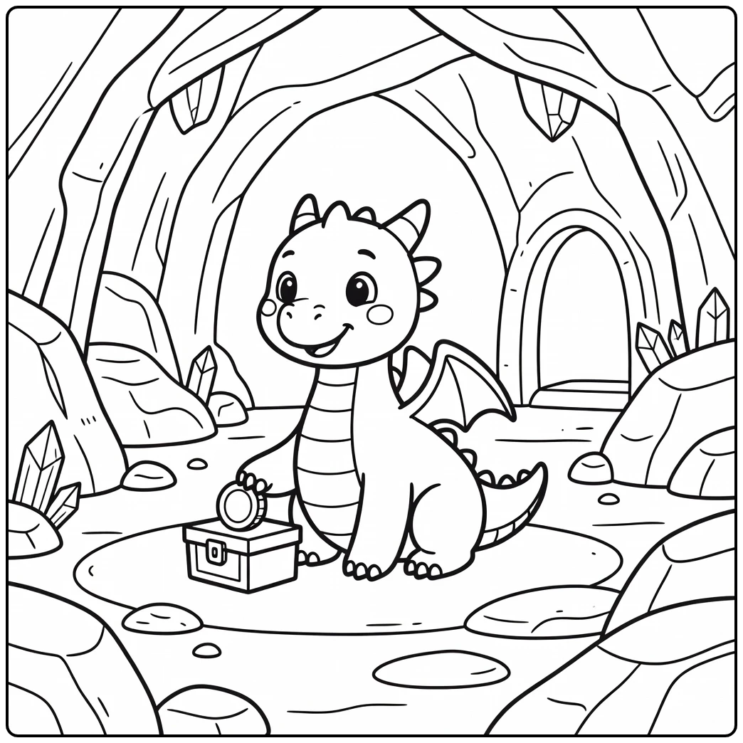 Easy dragon coloring page: cute dragon touching coin by treasure box