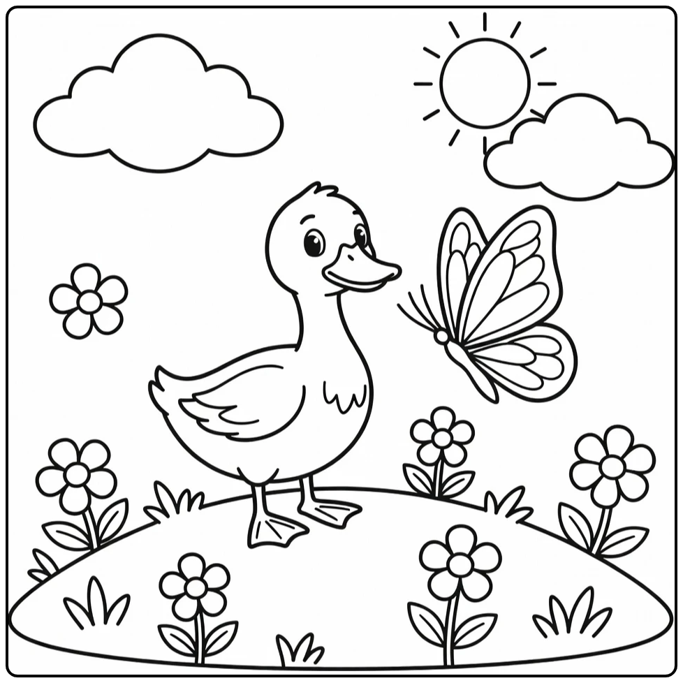 Easy Duck Coloring Page with Butterfly and Flowers