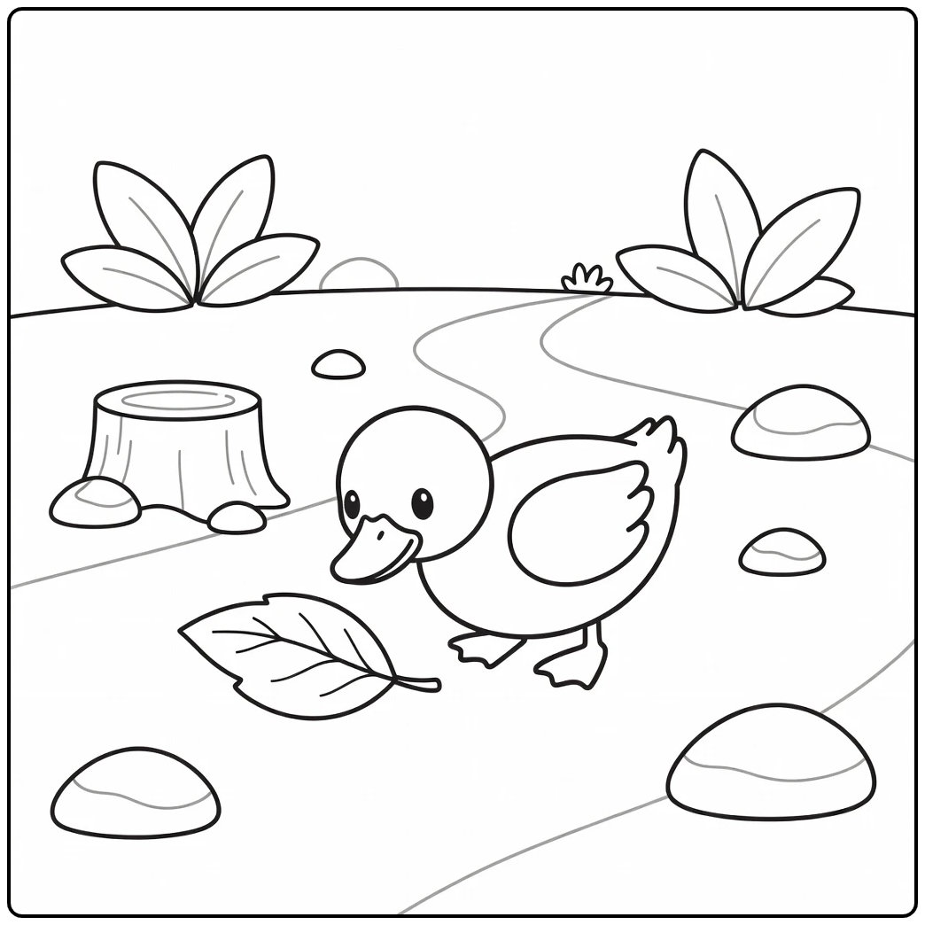 Easy duck coloring page with duck pecking by leaf