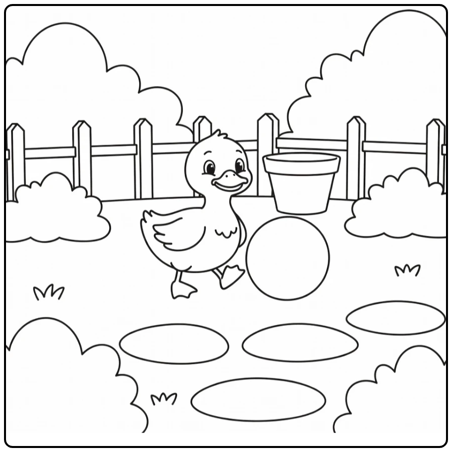 Easy duck coloring page of duck waddling by a ball