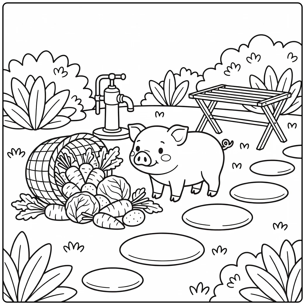 Easy farm animal coloring page: pig by overturned veggie basket
