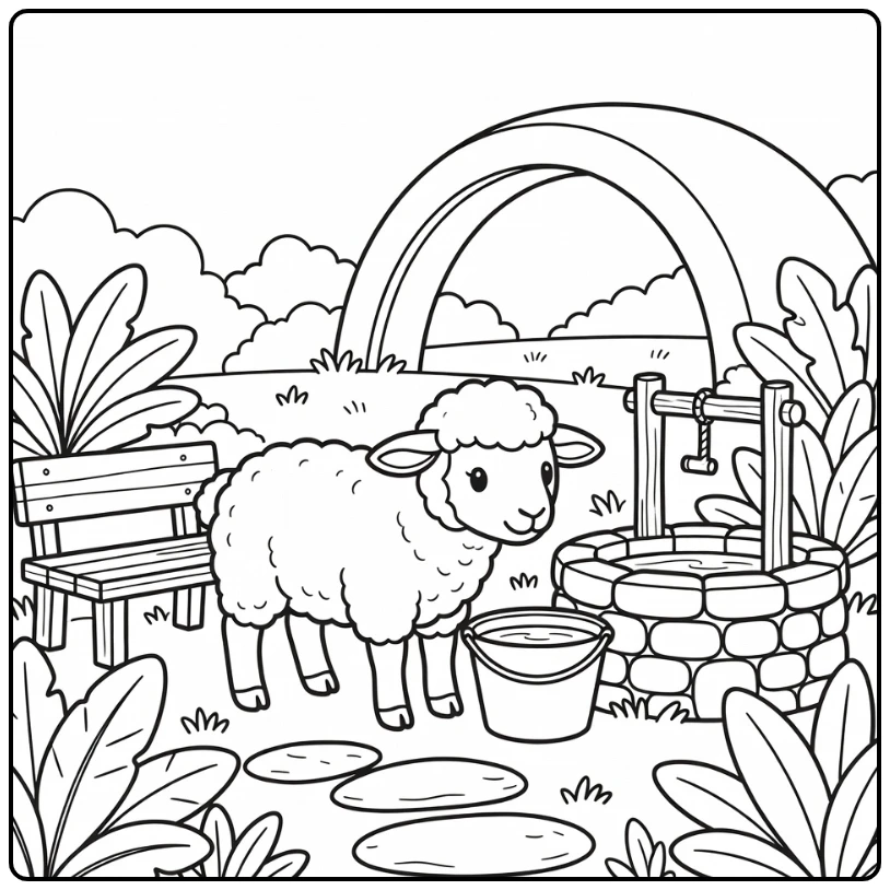 Easy farm animal coloring page: sheep sniffing bucket by well