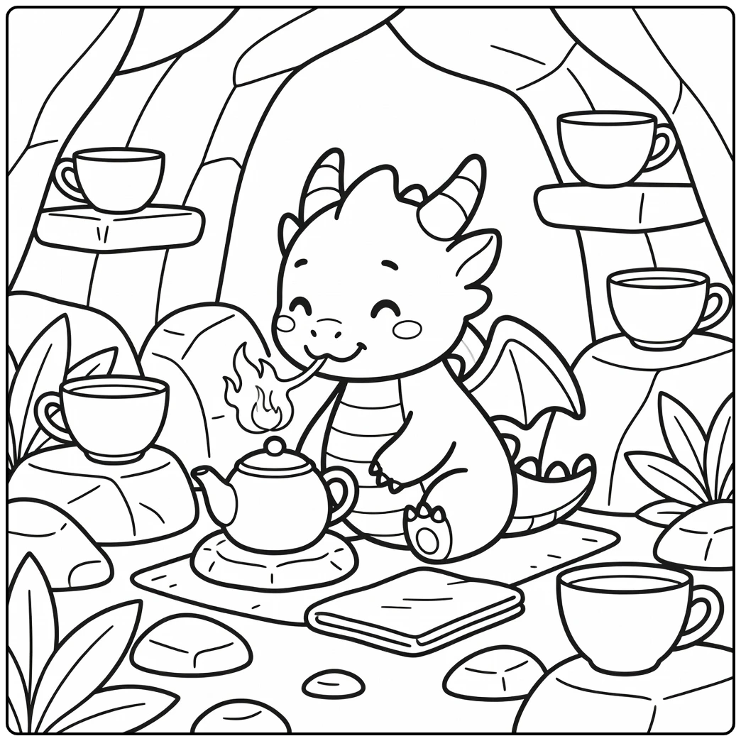 Easy fire dragon coloring page: warming teapot in cozy nook