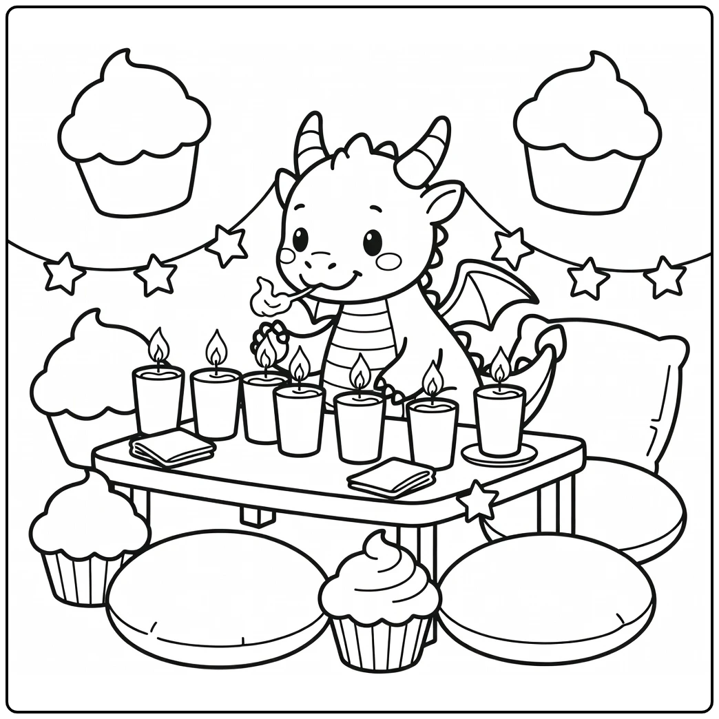 Easy fire dragon coloring page: lighting birthday candles