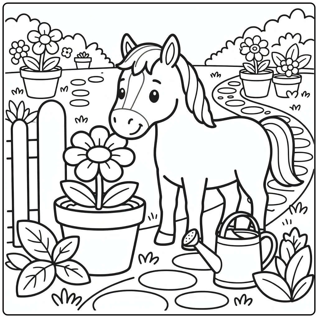 Easy horse coloring page horse sniffing flower pot by gate