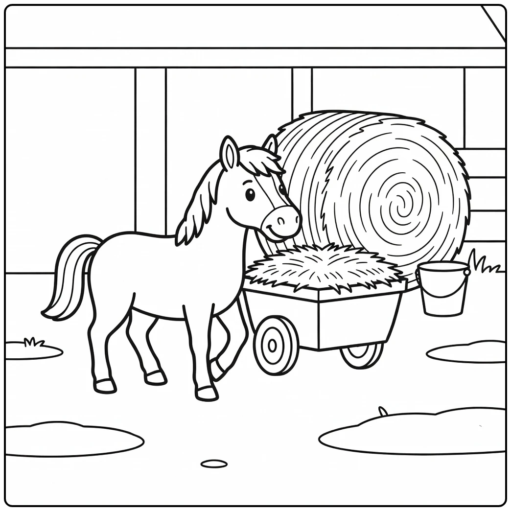 Easy horse coloring page with hay cart in open farmyard