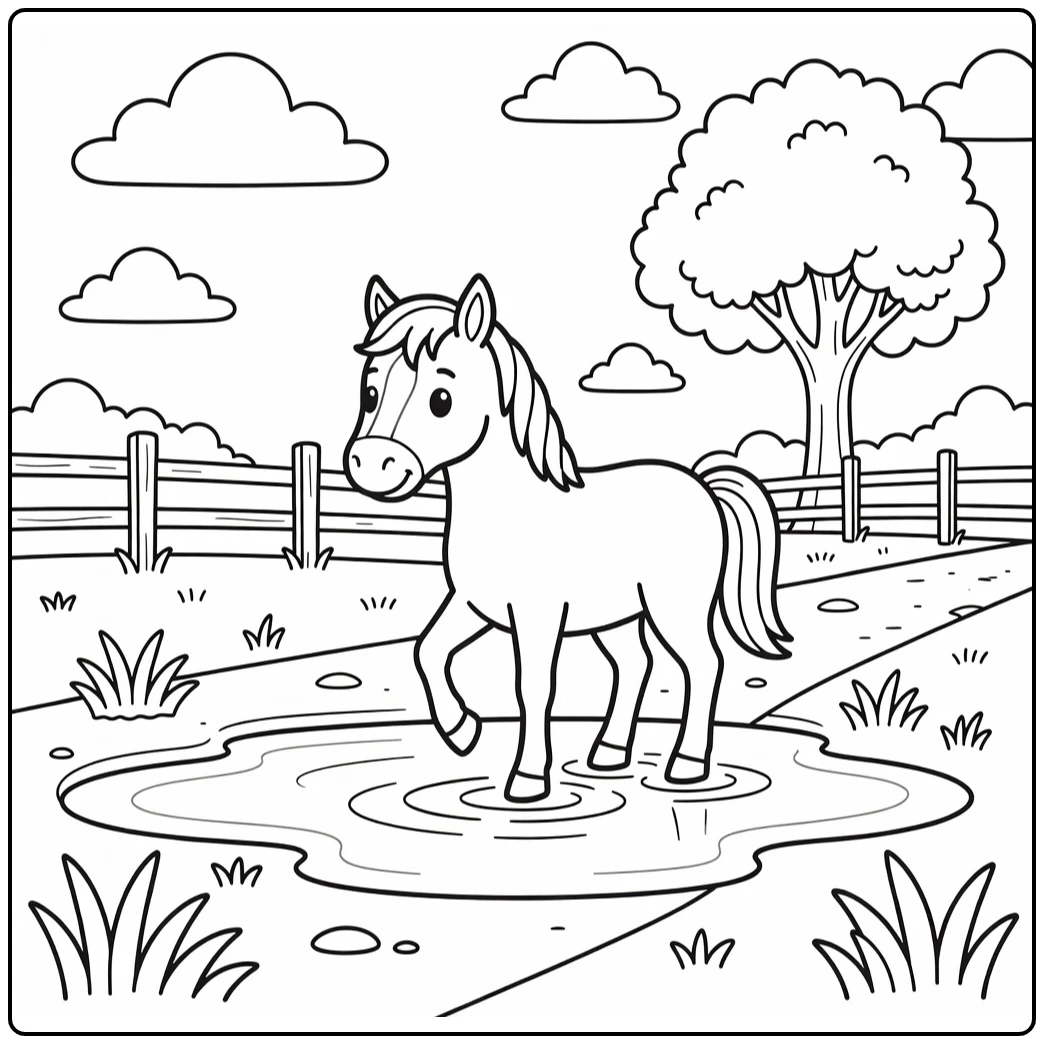 Easy horse coloring page of horse lifting hoof in puddle