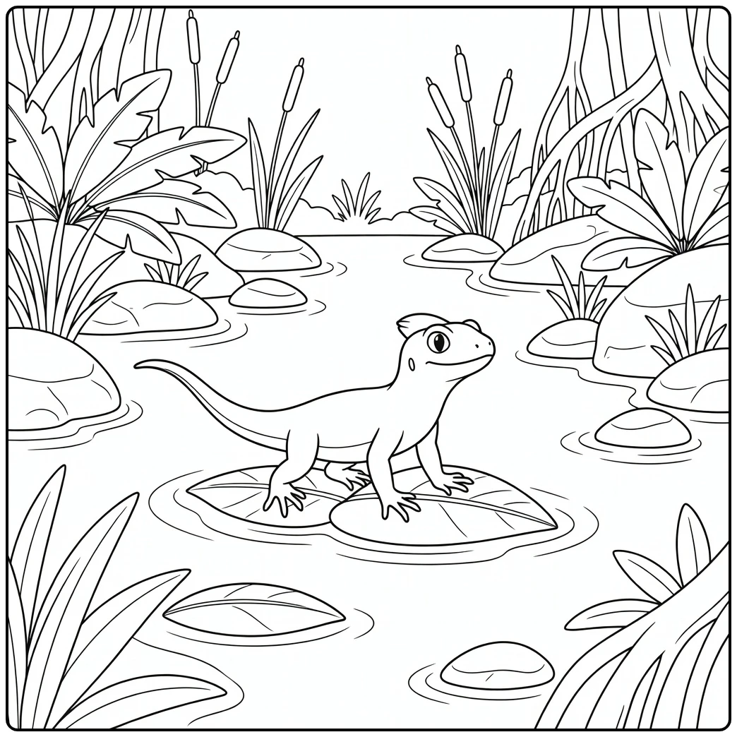 easy jungle animal coloring page basilisk lizard on leaves
