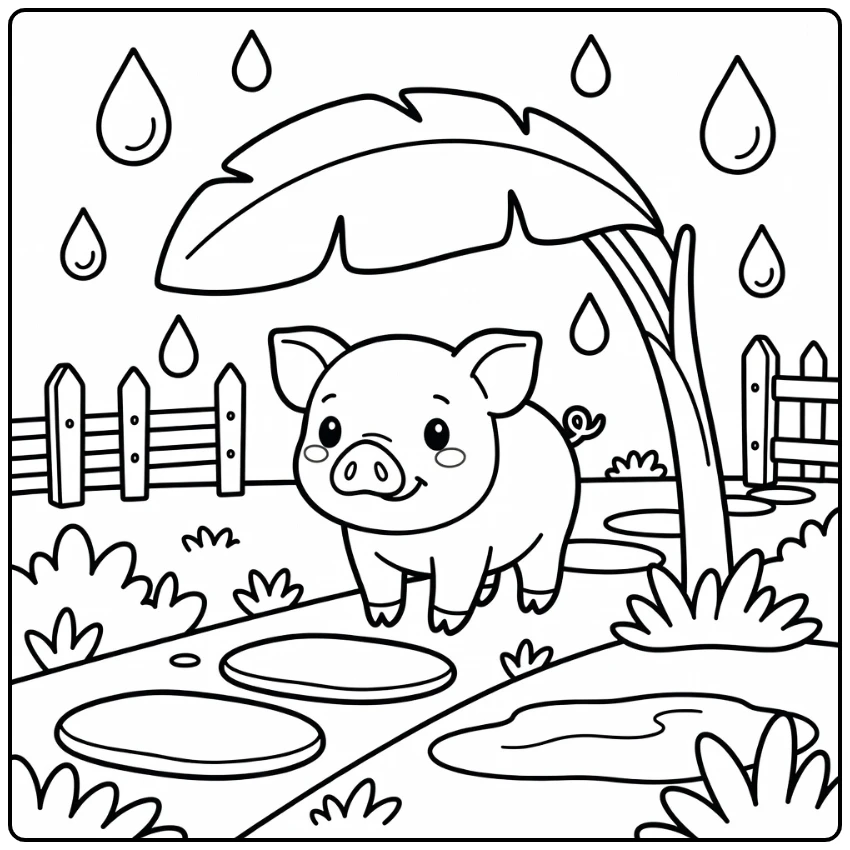 easy pig coloring page with piglet under broad leaf