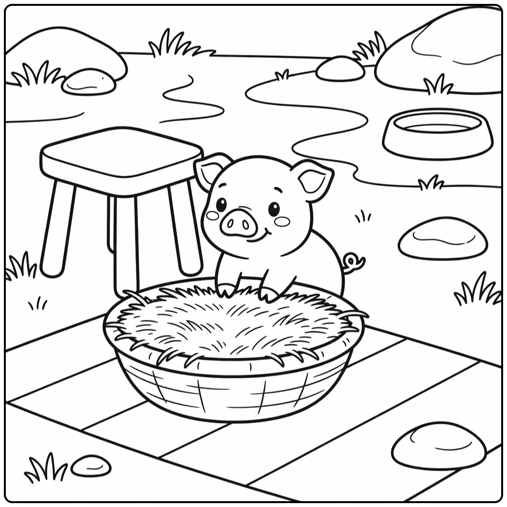 Easy pig coloring page of piglet peeking from straw basket