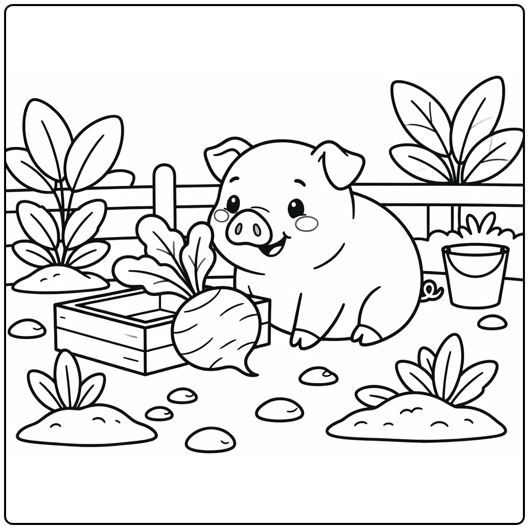 Easy pig coloring page of cute pig nudging turnip by feed box