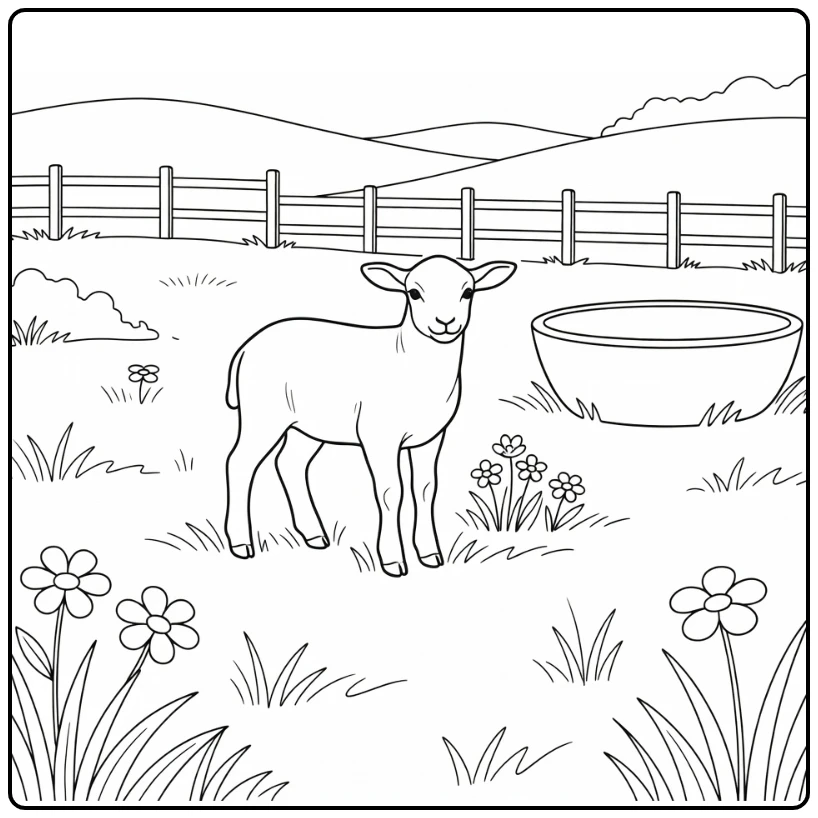 Lamb in meadow eyeing fence - easy realistic animal coloring pages
