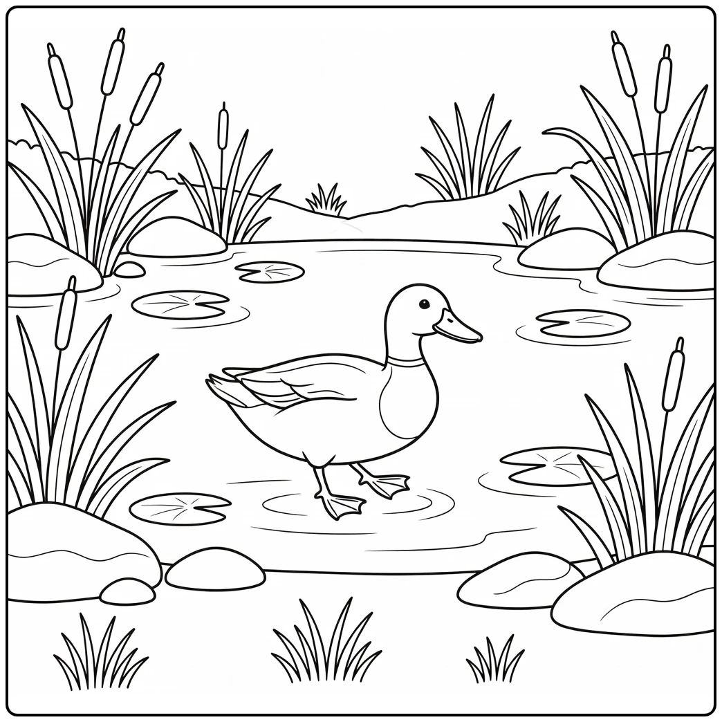 Duck waddling by pond: easy realistic animal coloring pages